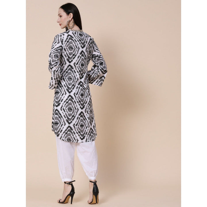 FASHOR Abstract Printed Sequins Embroidered Bell Sleeves Kurta With Pant - Grey (Set of 2)