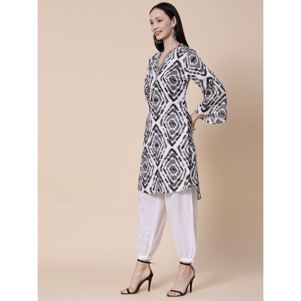 FASHOR Abstract Printed Sequins Embroidered Bell Sleeves Kurta With Pant - Grey (Set of 2)