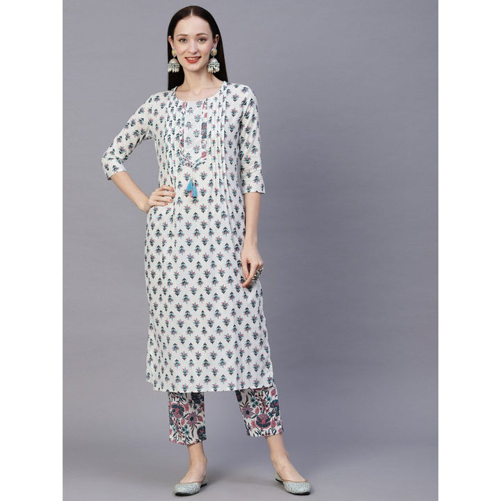 FASHOR Floral Printed Embroidered Tasselled Kurta With Pant - White & Teal Blue (Set of 2)