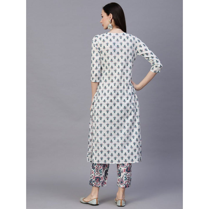 FASHOR Floral Printed Embroidered Tasselled Kurta With Pant - White & Teal Blue (Set of 2)