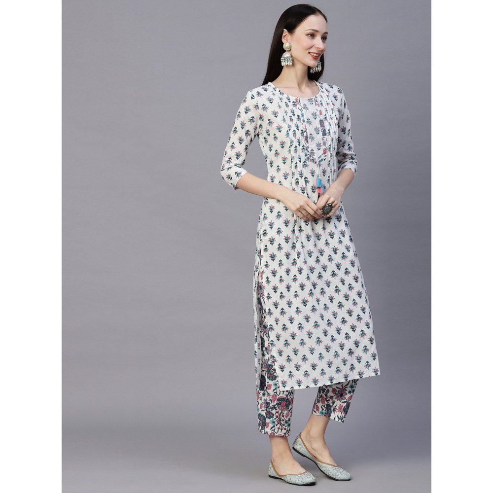 FASHOR Floral Printed Embroidered Tasselled Kurta With Pant - White & Teal Blue (Set of 2)