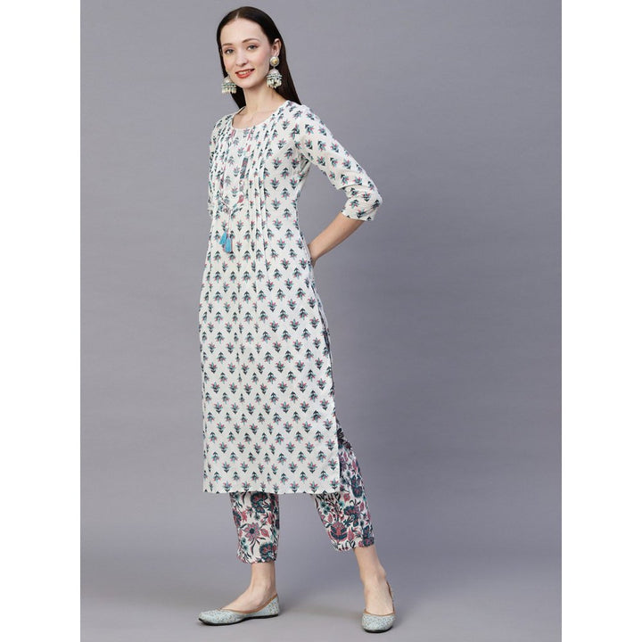 FASHOR Floral Printed Embroidered Tasselled Kurta With Pant - White & Teal Blue (Set of 2)