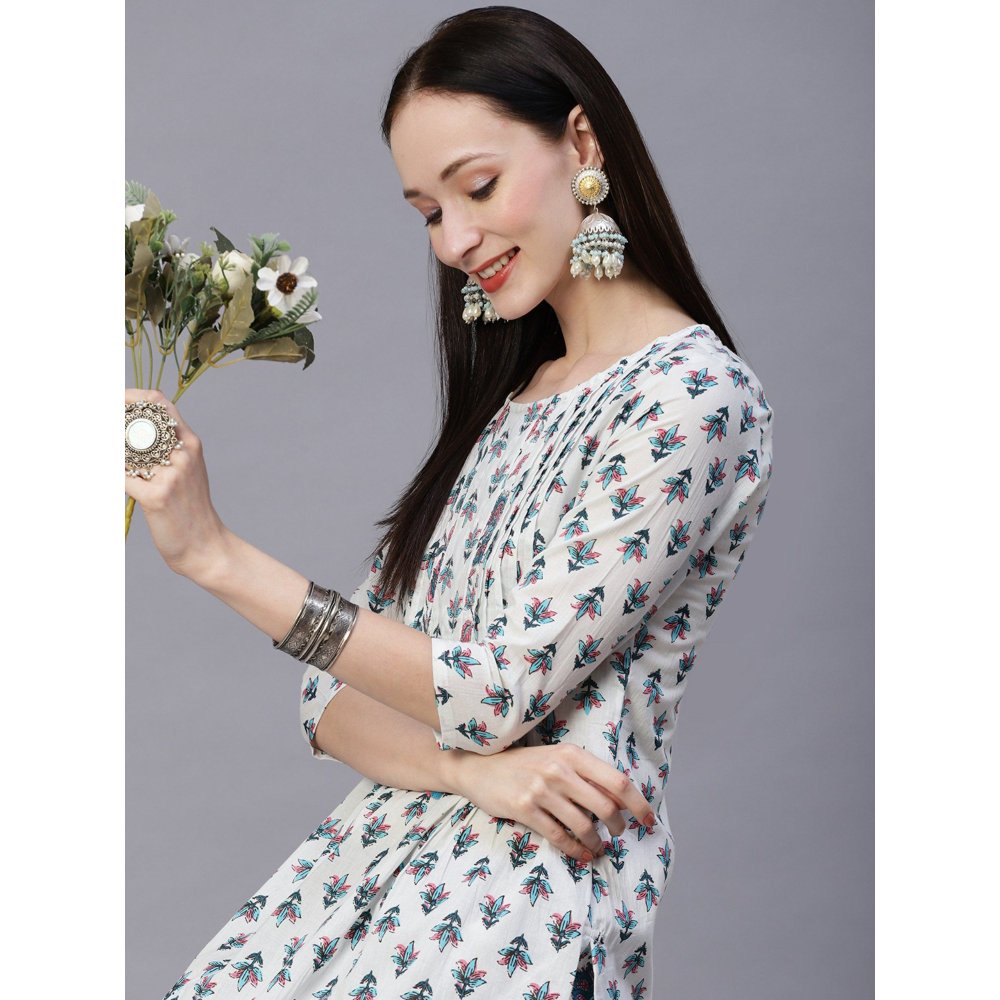 FASHOR Floral Printed Embroidered Tasselled Kurta With Pant - White & Teal Blue (Set of 2)