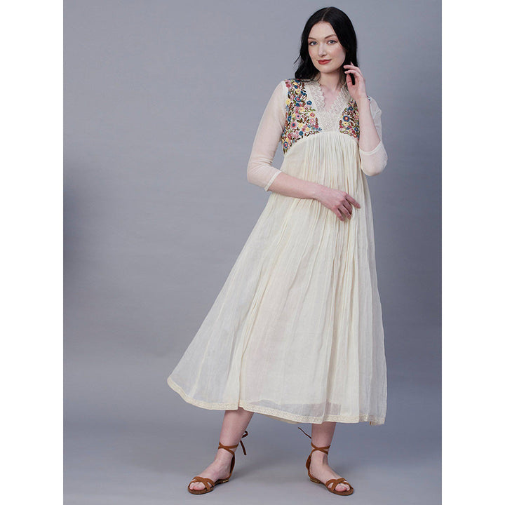 FASHOR Resham & Pearl Embroidered Lace Embellished Maxi Dress - Off White