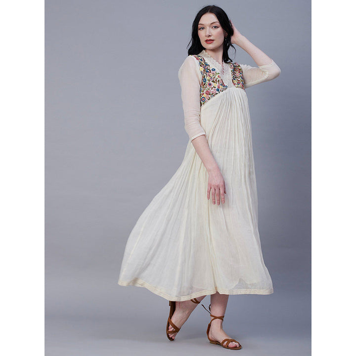 FASHOR Resham & Pearl Embroidered Lace Embellished Maxi Dress - Off White