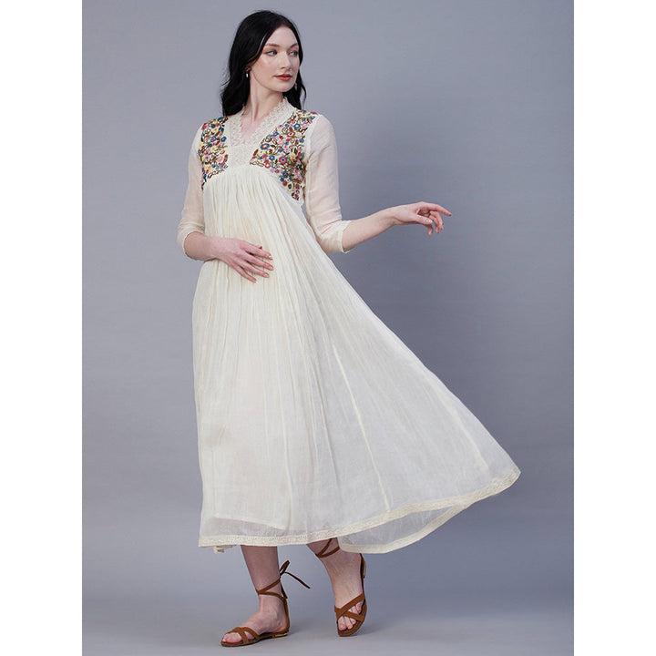 FASHOR Resham & Pearl Embroidered Lace Embellished Maxi Dress - Off White