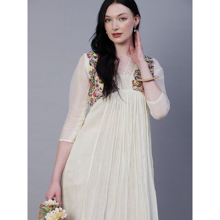 FASHOR Resham & Pearl Embroidered Lace Embellished Maxi Dress - Off White