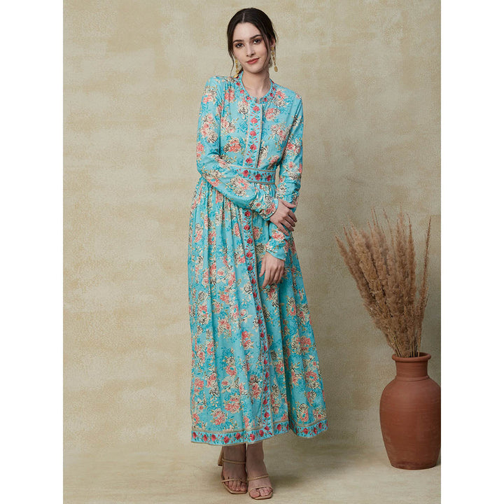 FASHOR Floral Printed Resham & Zari Embroidered Maxi Dress With Embroidered Waist Belt