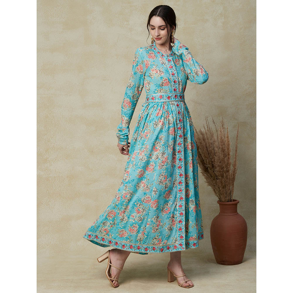 FASHOR Floral Printed Resham & Zari Embroidered Maxi Dress With Embroidered Waist Belt