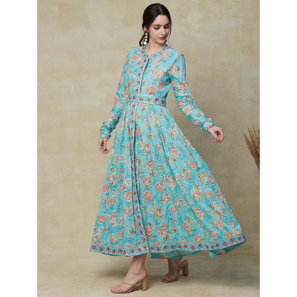 FASHOR Floral Printed Resham & Zari Embroidered Maxi Dress With Embroidered Waist Belt