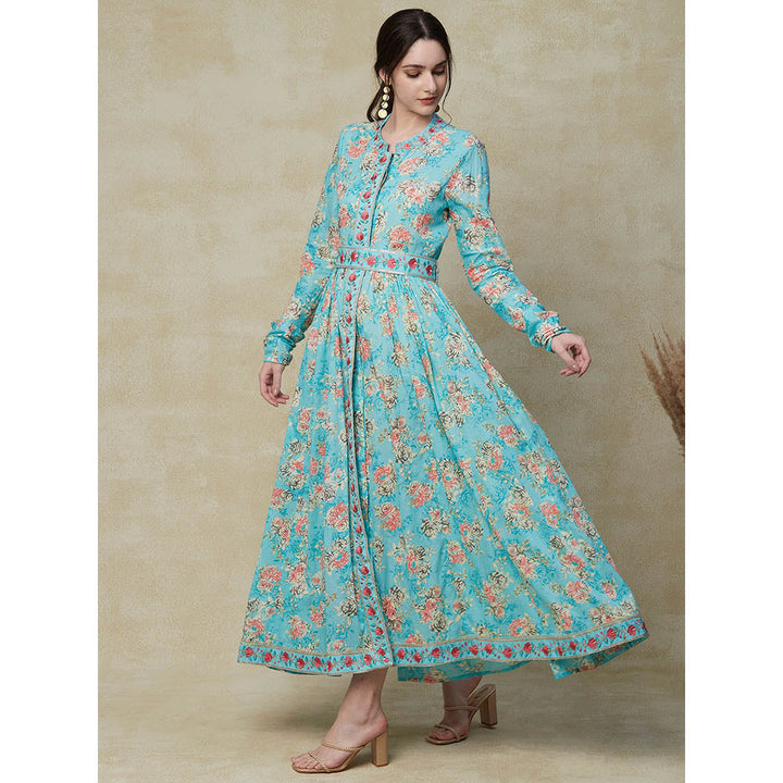 FASHOR Floral Printed Resham & Zari Embroidered Maxi Dress With Embroidered Waist Belt