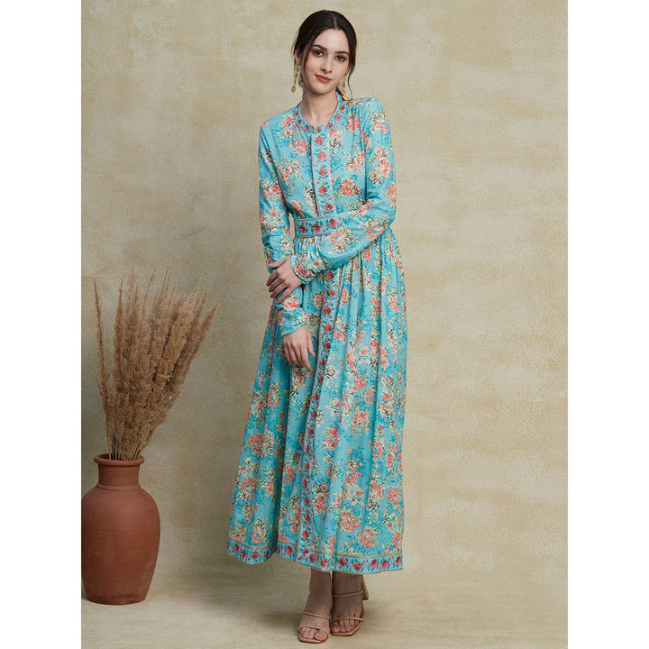 FASHOR Floral Printed Resham & Zari Embroidered Maxi Dress With Embroidered Waist Belt