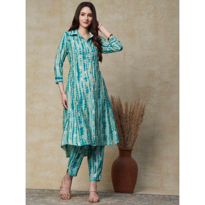 FASHOR Abstract Printed & Ethnic Foil Printed Asymmetric Hem Paneled Kurta & Pants