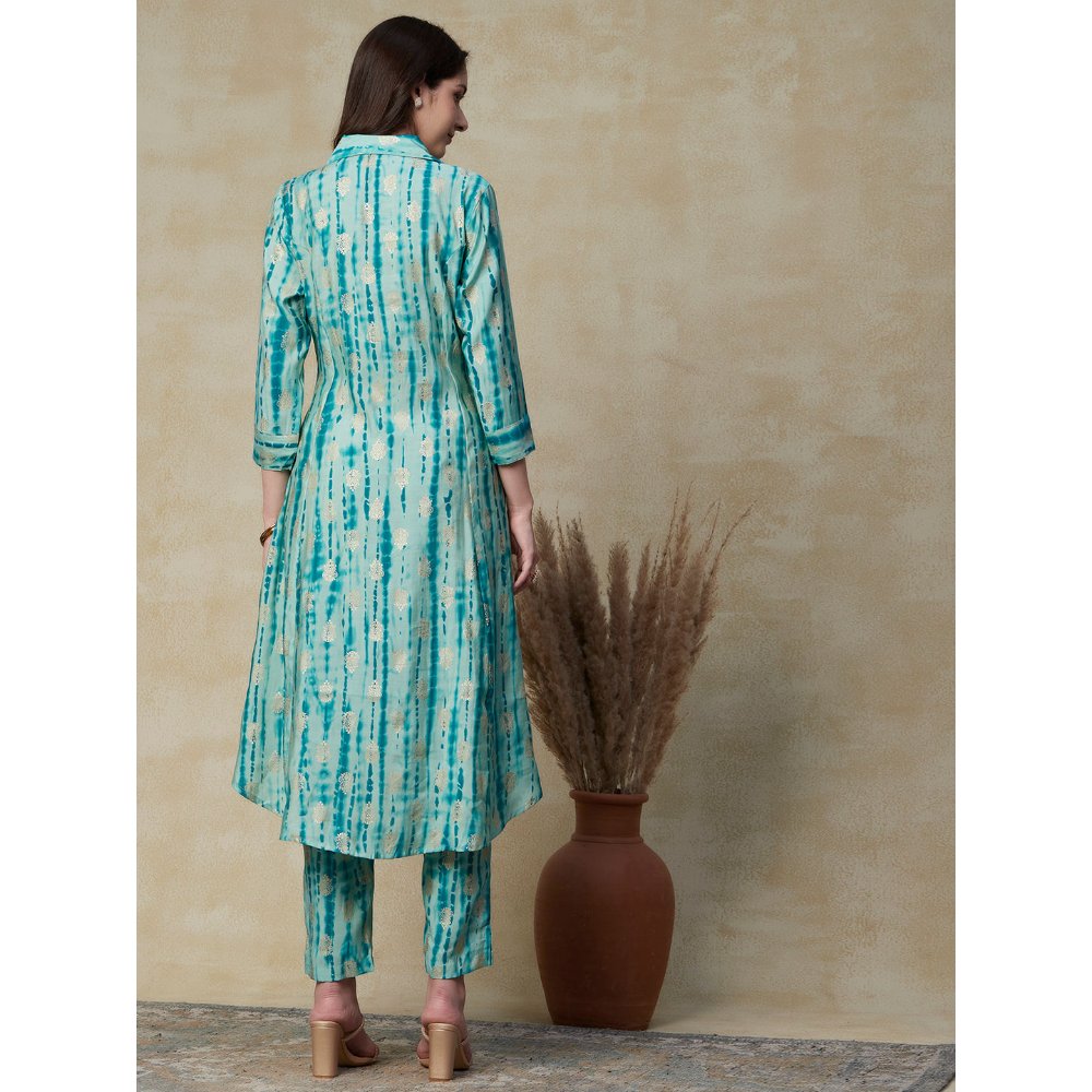 FASHOR Abstract Printed & Ethnic Foil Printed Asymmetric Hem Paneled Kurta & Pants