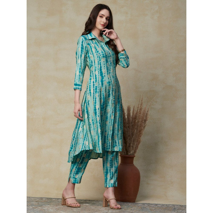 FASHOR Abstract Printed & Ethnic Foil Printed Asymmetric Hem Paneled Kurta & Pants