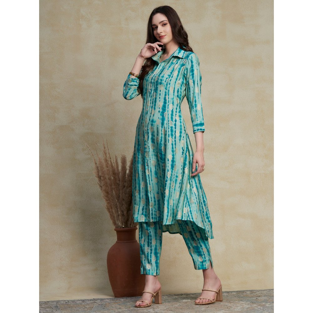 FASHOR Abstract Printed & Ethnic Foil Printed Asymmetric Hem Paneled Kurta & Pants