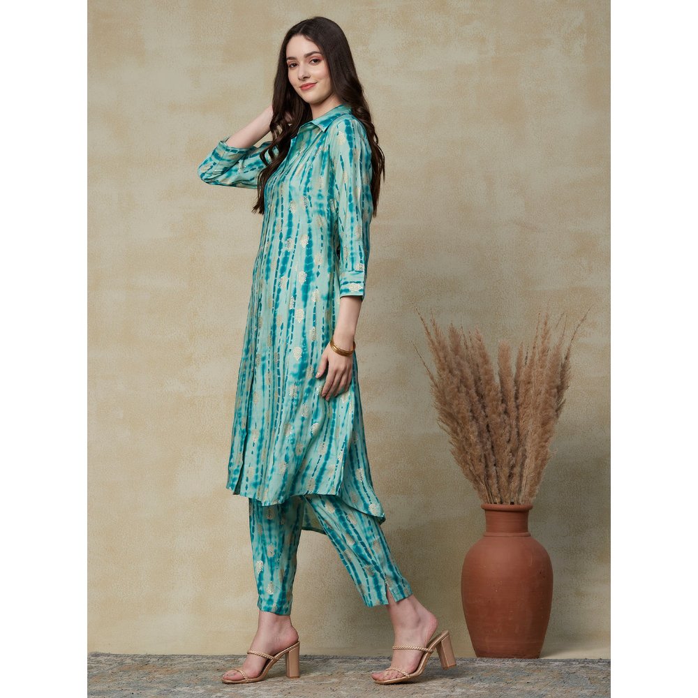 FASHOR Abstract Printed & Ethnic Foil Printed Asymmetric Hem Paneled Kurta & Pants