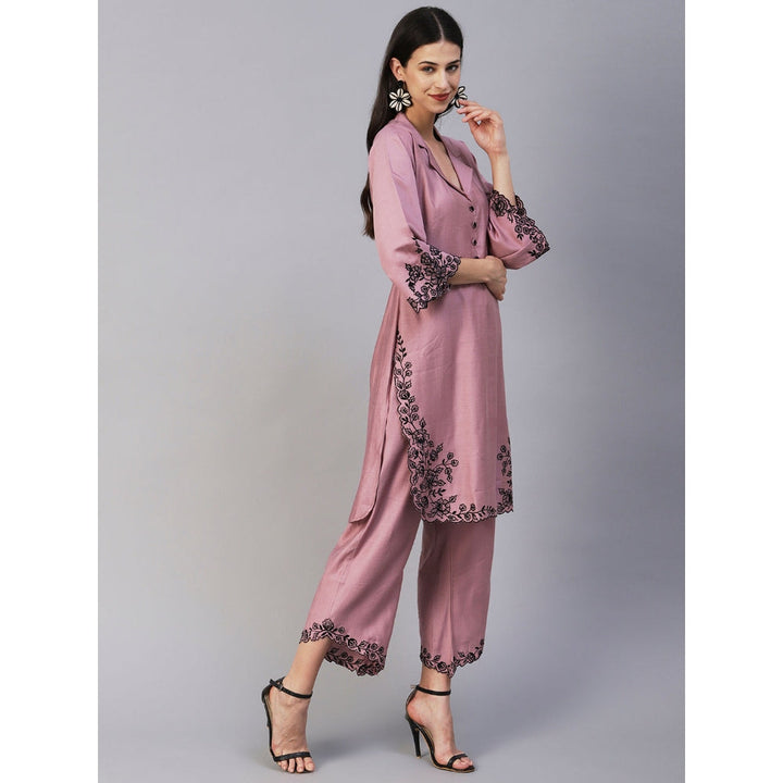 FASHOR Solid Floral Embroidered Straight Fit Co-ord Set - Lavender