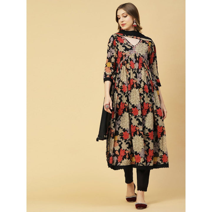 FASHOR Floral Printed Mirror Embroidered Kurta With Pants & Dupatta - Black (Set of 3)