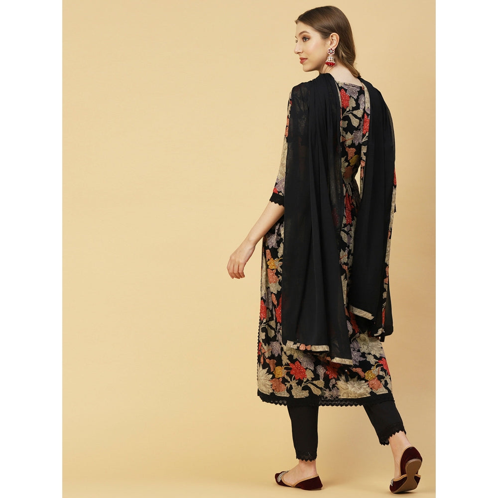 FASHOR Floral Printed Mirror Embroidered Kurta With Pants & Dupatta - Black (Set of 3)