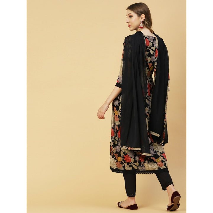 FASHOR Floral Printed Mirror Embroidered Kurta With Pants & Dupatta - Black (Set of 3)