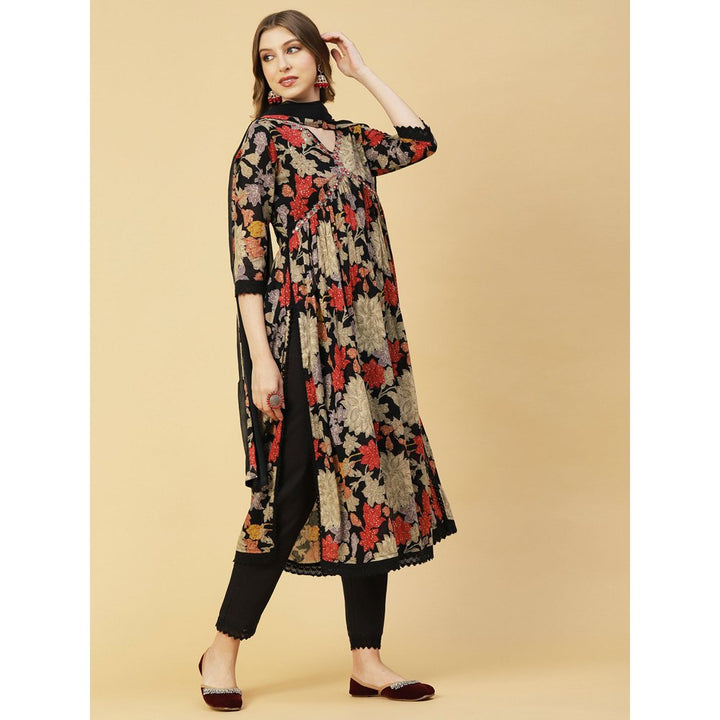 FASHOR Floral Printed Mirror Embroidered Kurta With Pants & Dupatta - Black (Set of 3)