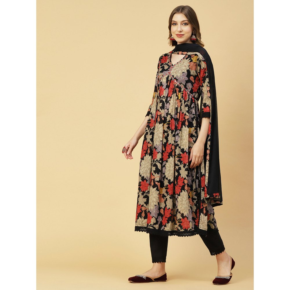 FASHOR Floral Printed Mirror Embroidered Kurta With Pants & Dupatta - Black (Set of 3)