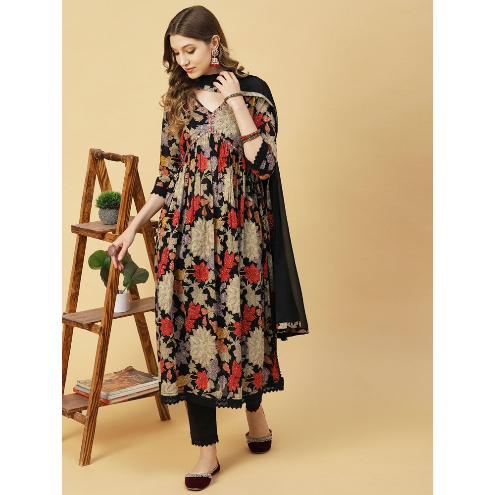 FASHOR Floral Printed Mirror Embroidered Kurta With Pants & Dupatta - Black (Set of 3)