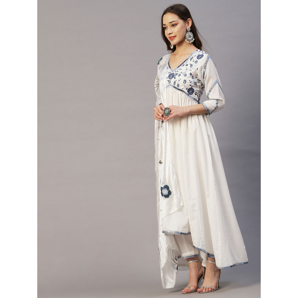 FASHOR Floral Embroidered A-Line Kurta With Pants & Hand Painted Dupatta - White (Set of 3)