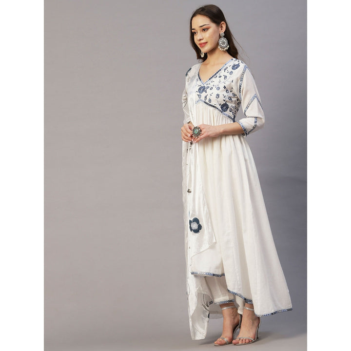 FASHOR Floral Embroidered A-Line Kurta With Pants & Hand Painted Dupatta - White (Set of 3)