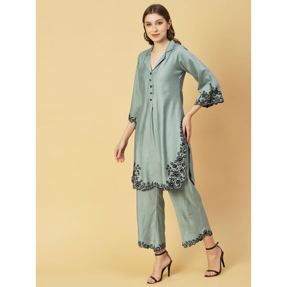 FASHOR Resham Cutwork Embroidered Kurta With Palazzos - Slate Green (Set of 2)