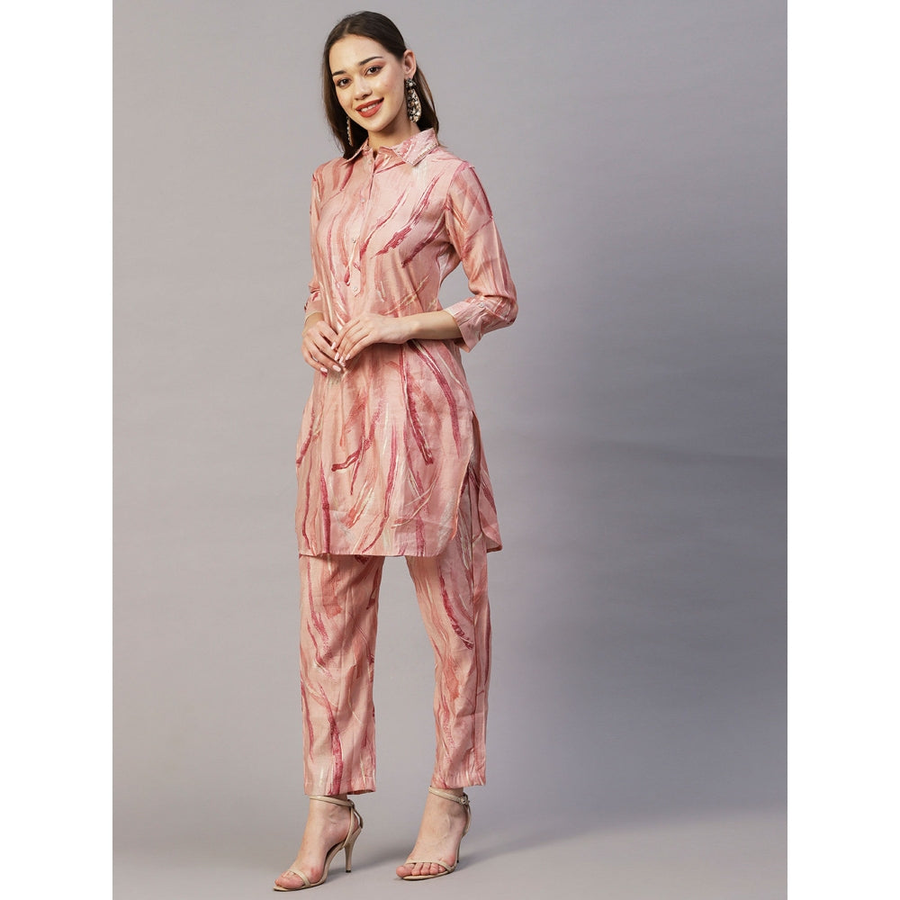 FASHOR Foil Printed Sequins & Beads Embroidered Kurta With Pants - Pink (Set of 2)