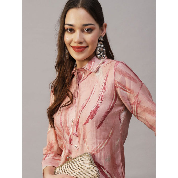 FASHOR Foil Printed Sequins & Beads Embroidered Kurta With Pants - Pink (Set of 2)