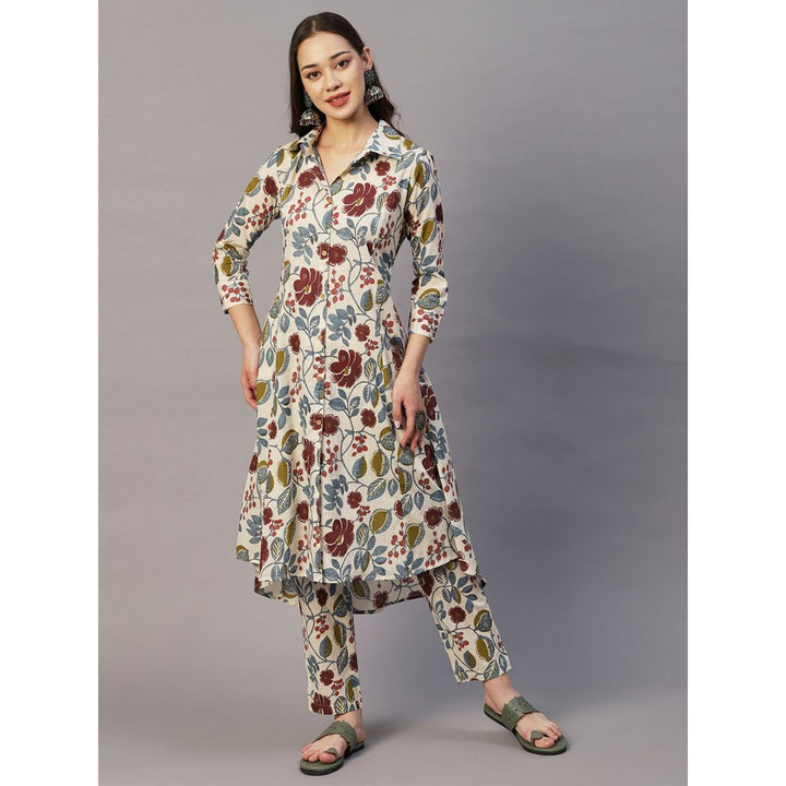 FASHOR Floral Wooden Buttoned Asymmetric Hem Kurta With Pants - Multi (Set of 2)