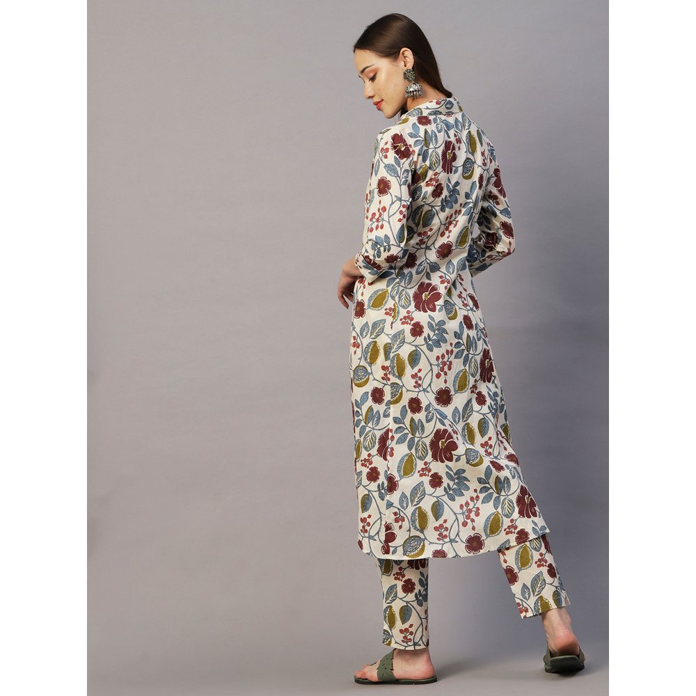 FASHOR Floral Wooden Buttoned Asymmetric Hem Kurta With Pants - Multi (Set of 2)