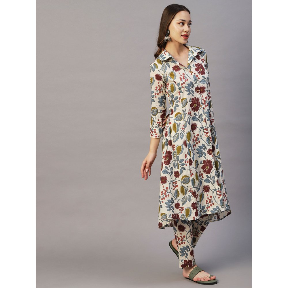 FASHOR Floral Wooden Buttoned Asymmetric Hem Kurta With Pants - Multi (Set of 2)