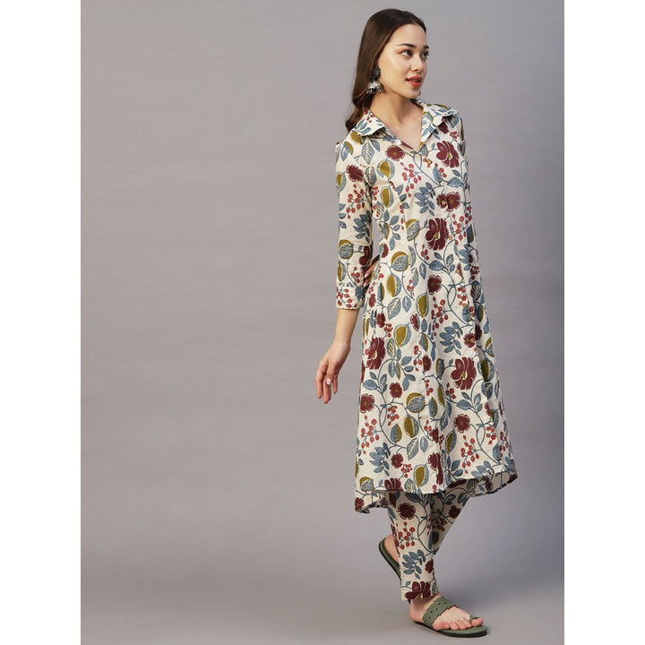 FASHOR Floral Wooden Buttoned Asymmetric Hem Kurta With Pants - Multi (Set of 2)