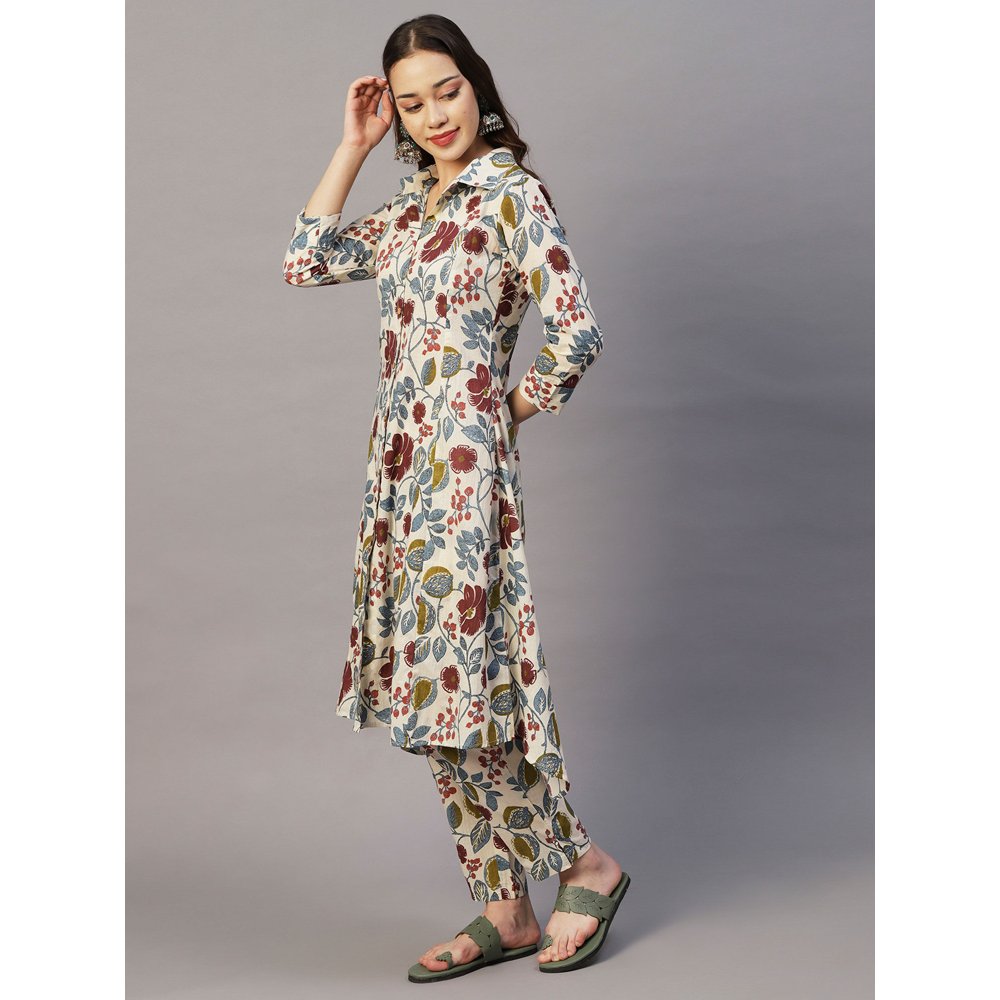 FASHOR Floral Wooden Buttoned Asymmetric Hem Kurta With Pants - Multi (Set of 2)