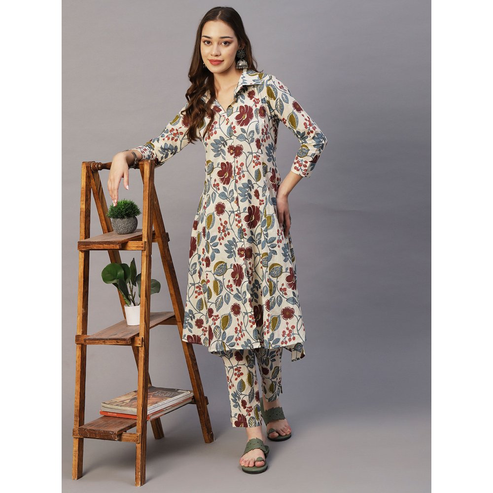 FASHOR Floral Wooden Buttoned Asymmetric Hem Kurta With Pants - Multi (Set of 2)