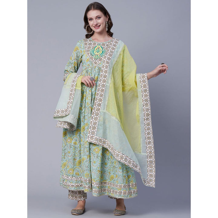 FASHOR Floral Printed Embroidered Gota Kurta with Pants & Dupatta - Pastel Green (Set of 3)