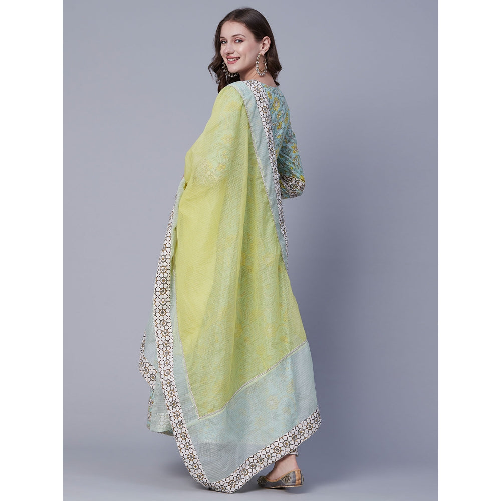 FASHOR Floral Printed Embroidered Gota Kurta with Pants & Dupatta - Pastel Green (Set of 3)