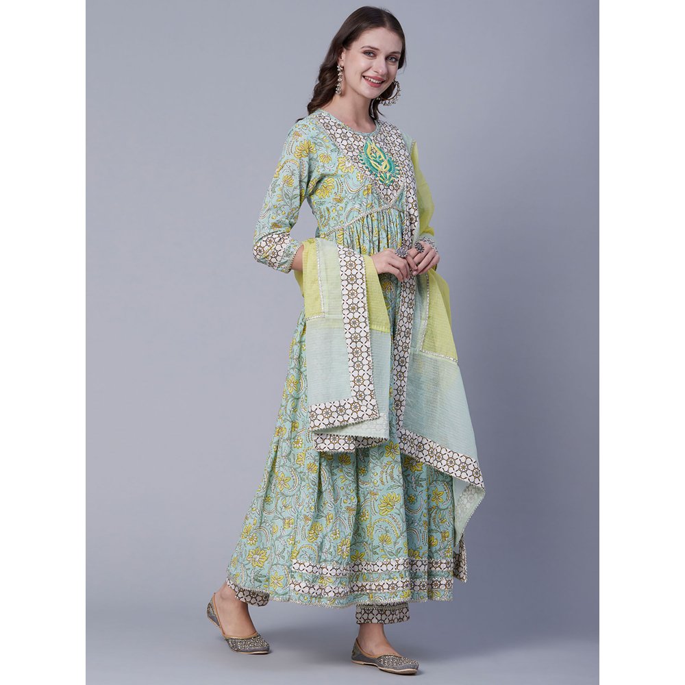 FASHOR Floral Printed Embroidered Gota Kurta with Pants & Dupatta - Pastel Green (Set of 3)