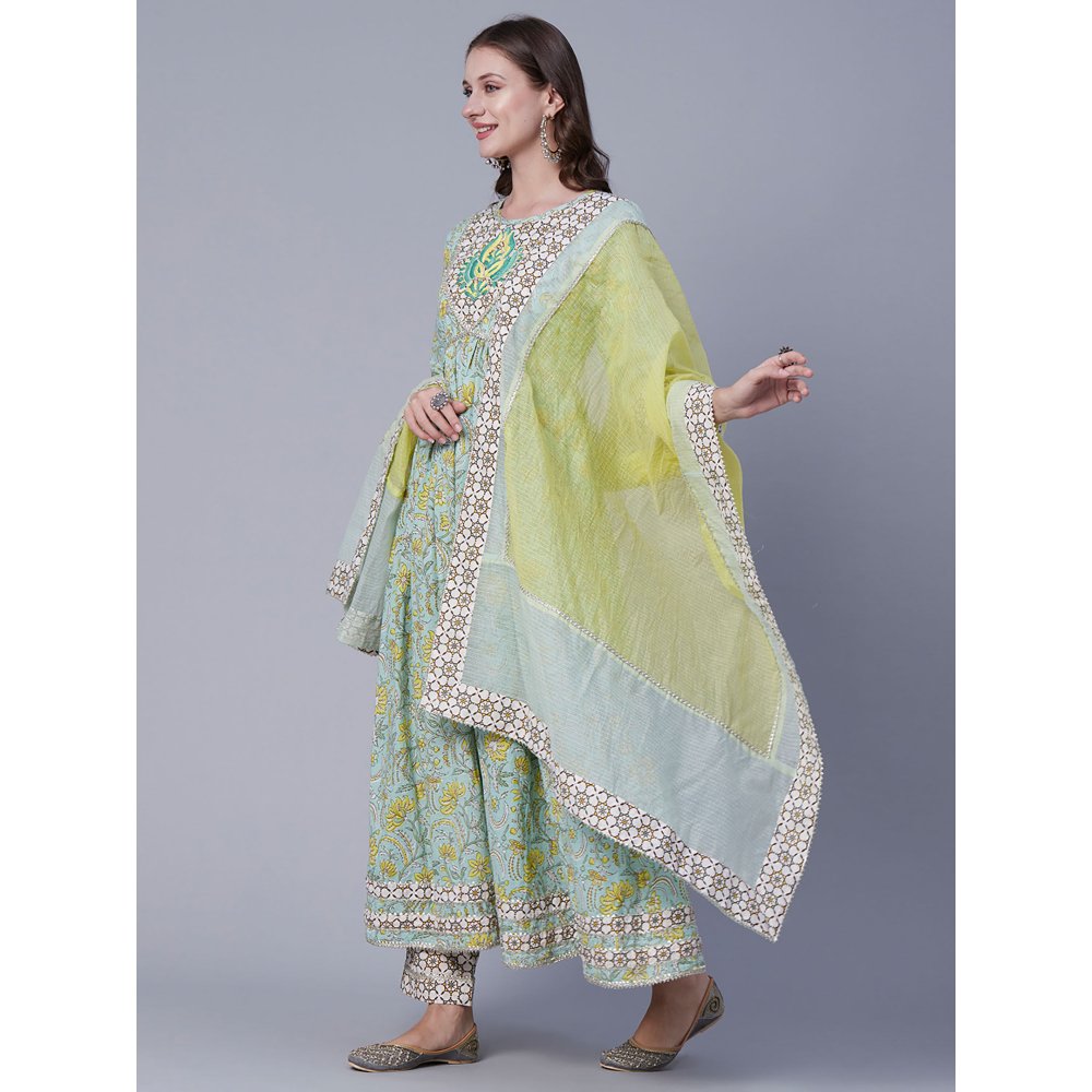 FASHOR Floral Printed Embroidered Gota Kurta with Pants & Dupatta - Pastel Green (Set of 3)