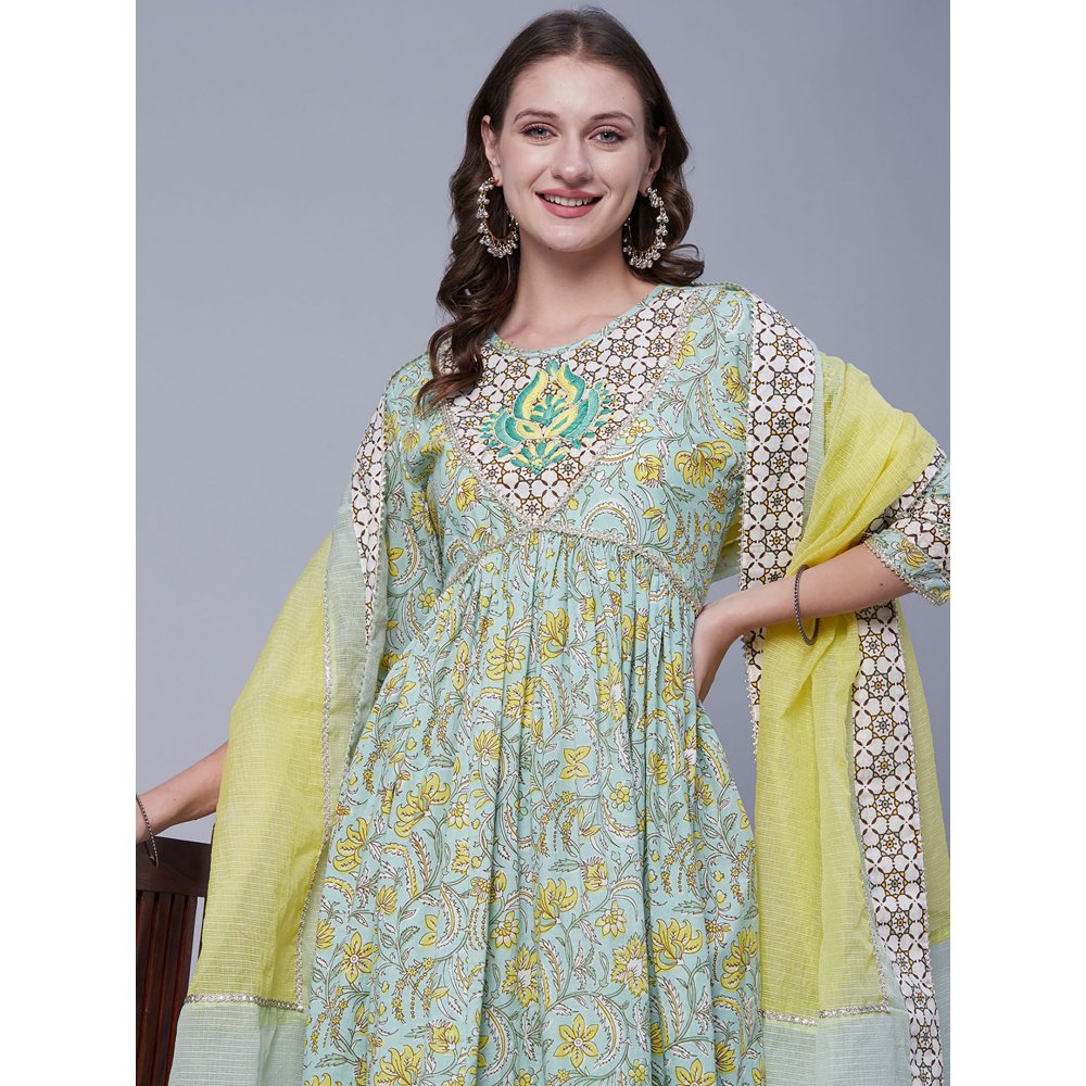 FASHOR Floral Printed Embroidered Gota Kurta with Pants & Dupatta - Pastel Green (Set of 3)