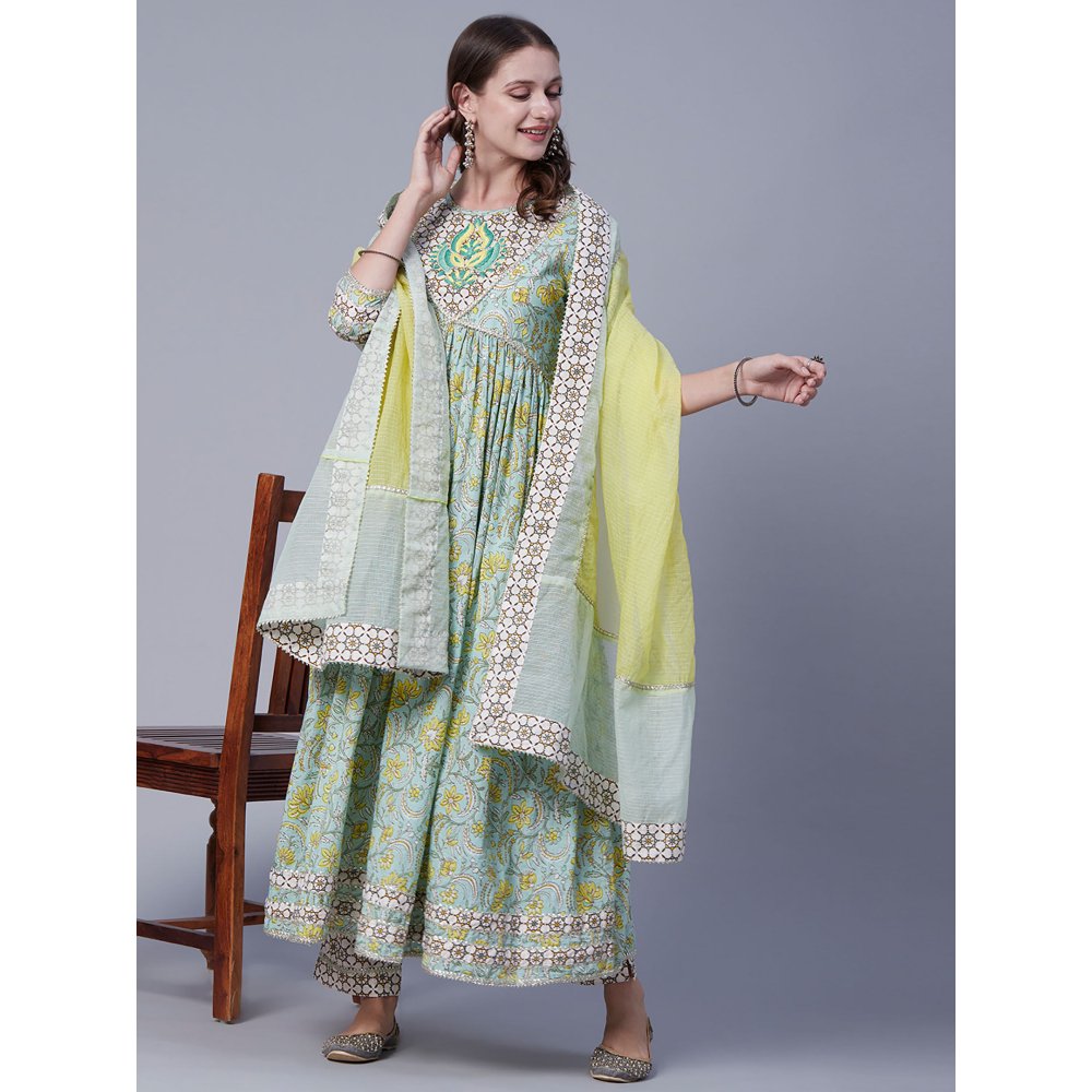 FASHOR Floral Printed Embroidered Gota Kurta with Pants & Dupatta - Pastel Green (Set of 3)