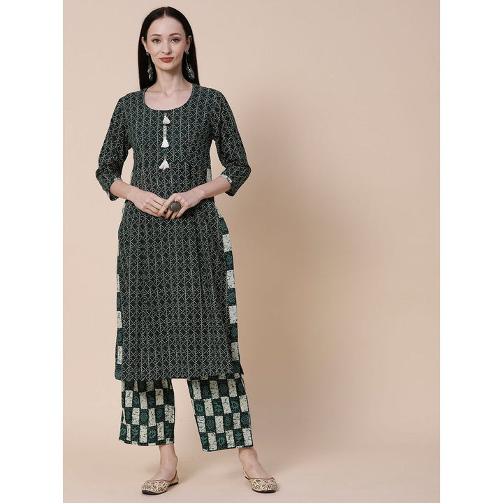 FASHOR Ethnic Stripes Printed A-Line Kurta with Palazzo - Green (Set of 2)