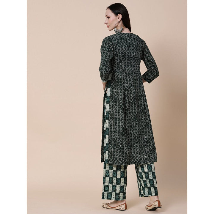 FASHOR Ethnic Stripes Printed A-Line Kurta with Palazzo - Green (Set of 2)