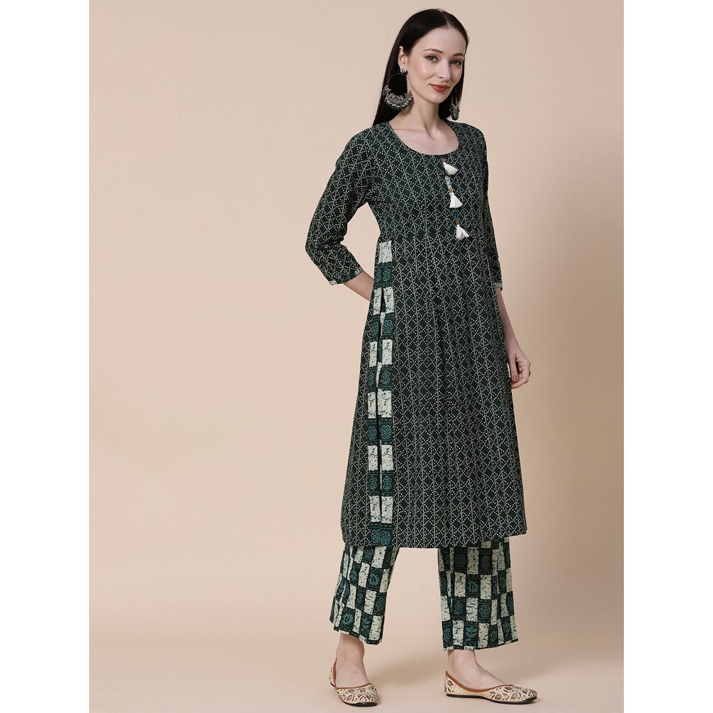 FASHOR Ethnic Stripes Printed A-Line Kurta with Palazzo - Green (Set of 2)