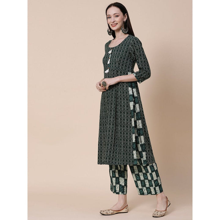 FASHOR Ethnic Stripes Printed A-Line Kurta with Palazzo - Green (Set of 2)