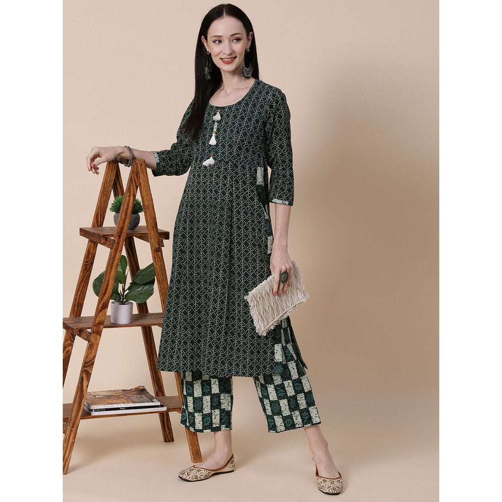 FASHOR Ethnic Stripes Printed A-Line Kurta with Palazzo - Green (Set of 2)